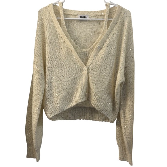 27 Miles Malibu Cream Sequin Cardigan & Tank Top Set Cropped V Neck Sparkle